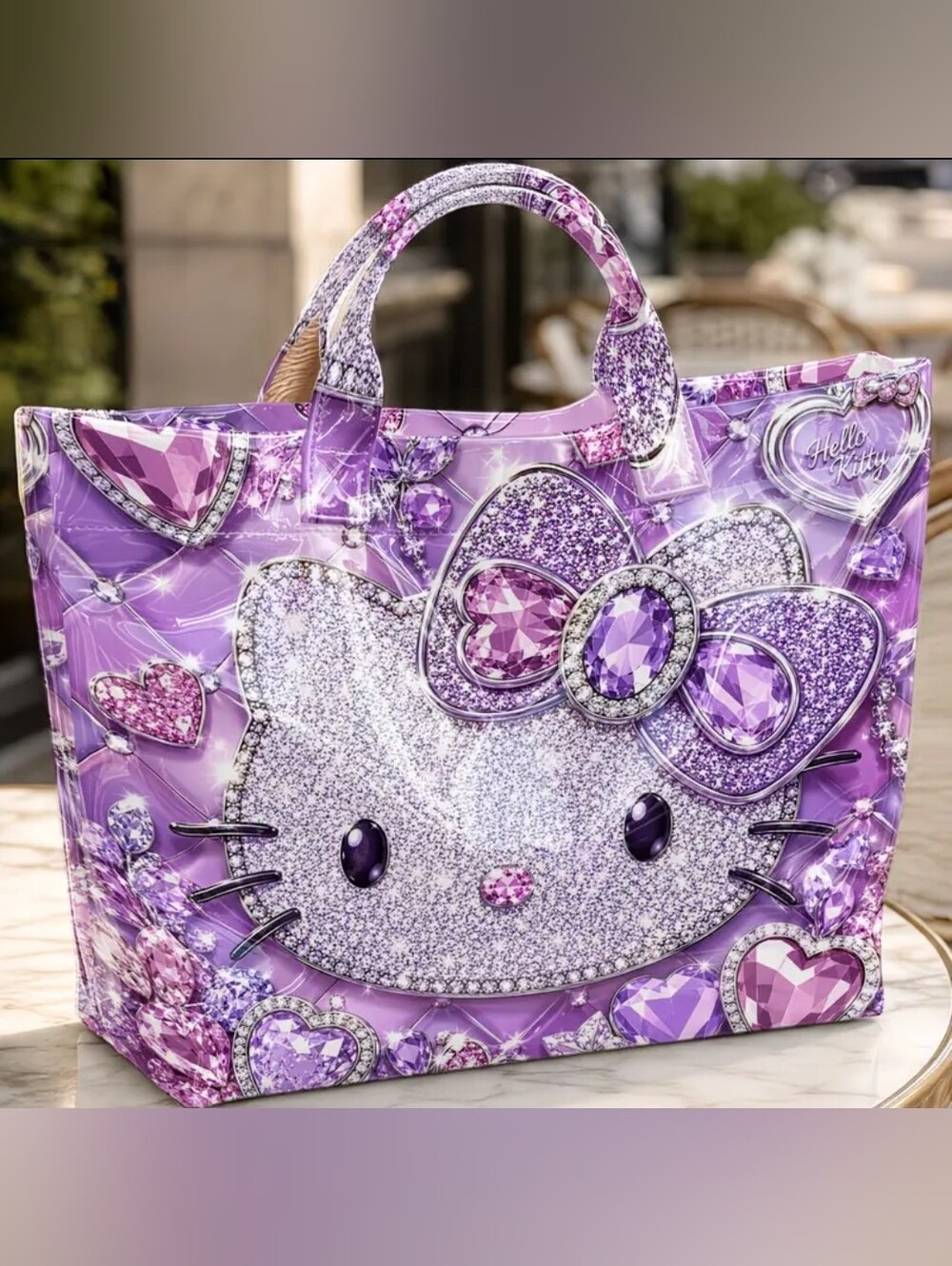 Cute Lavendar Purple Hello Kitty Jewel Large PVC Hand Tote Bag